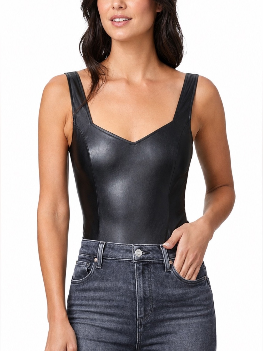 Paige Rinna Faux Leather V Neck  Bodysuit Size XL